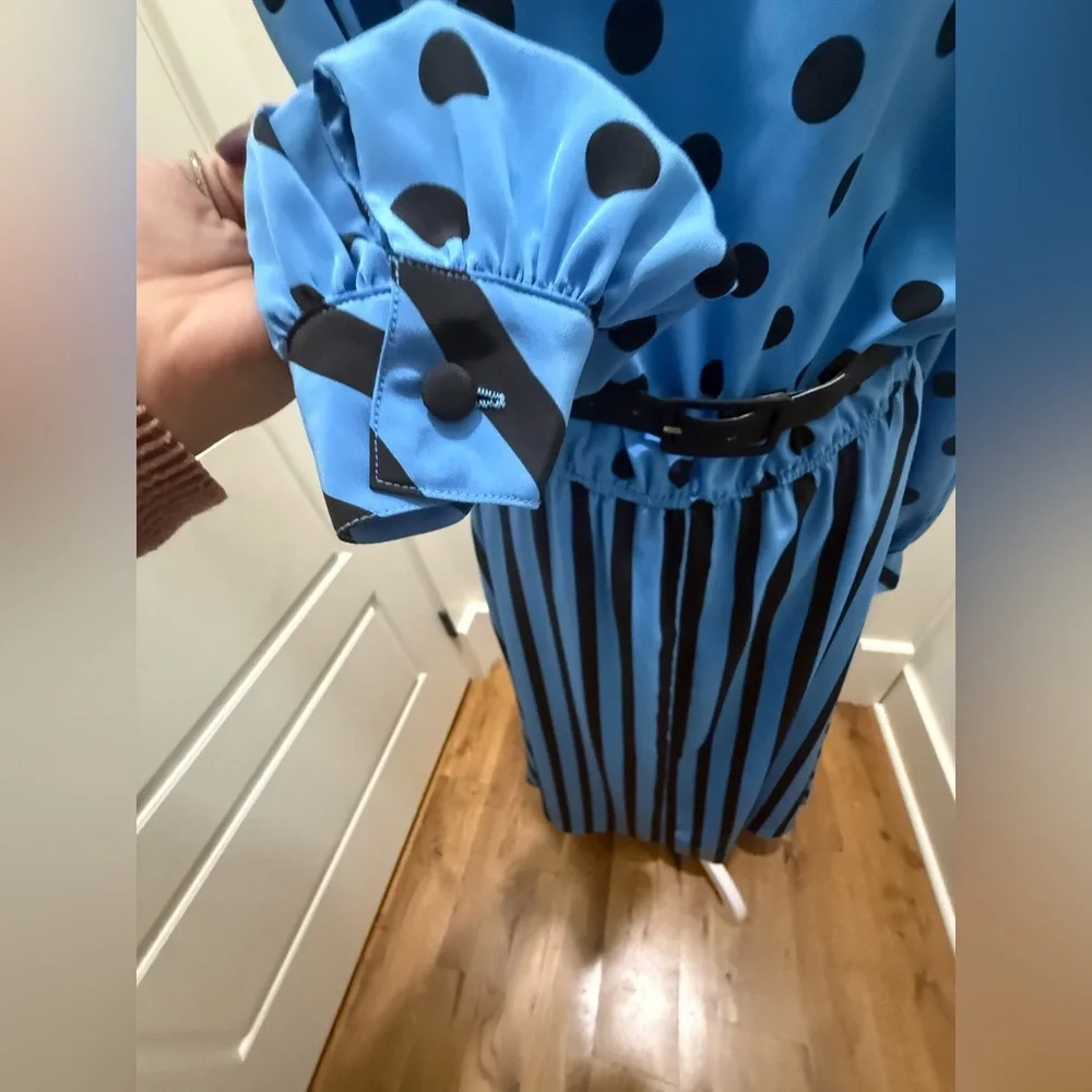 Vintage. Egon von Furstenberg. Polka Dot/Stripe Belted Shirt Dress. Blue/Black 8 - Picture 9 of 10